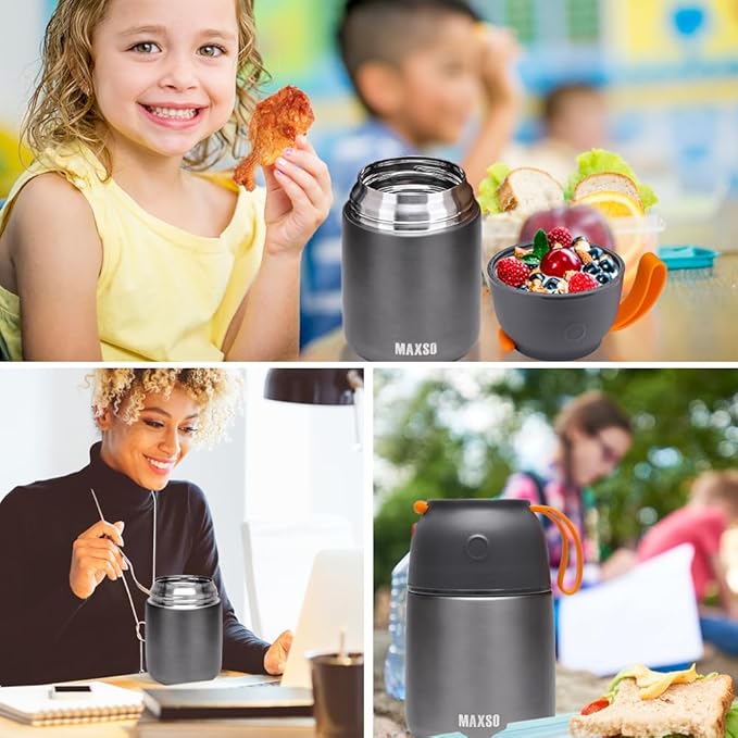 Insulated Thermo Food Jar for Hot & Cold Food for Kids Adult, 17 oz Soup Thermal Hot Food Containers for Lunch, Triple Layer Insulation Stainless Steel Food Jar with Spoon (Grey)-BubblyBeeBaby
