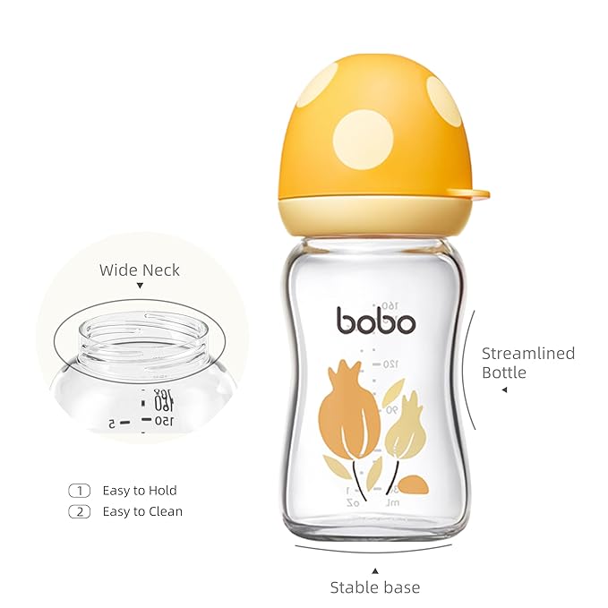 YOHKOH Natural Glass Baby Bottle with Natural Response Nipple, Newborn Anti-Colic Baby Bottles, Wide Neck Mushroom Cap Baby Bottle, Clear (Yellow, (5.4oz (Pack of 4))-BubblyBeeBaby
