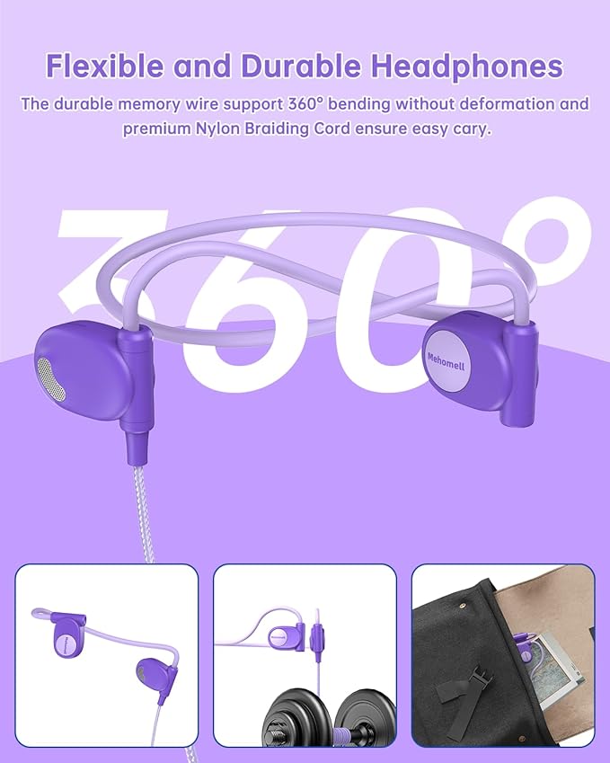 Kid Headphones for School, Air Conduction Open Ear Headphones, 3.5mm Jack Wired Cord, Ultra-Comfort, Ergonomic and Lightweight Design Perfect for School and Outdoor Activities-Purple-BubblyBeeBaby