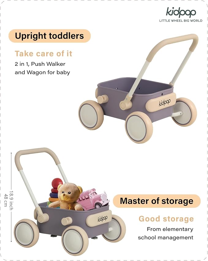 Kidpop PULA 2-in-1 Push and Pull-Along Wagon, Baby Push Walker for First Learner from 7 Month to 4 Year, One Year Birthday Gifts, Sturdy and Safe, Indoors and Outdoors (Purple)-BubblyBeeBaby