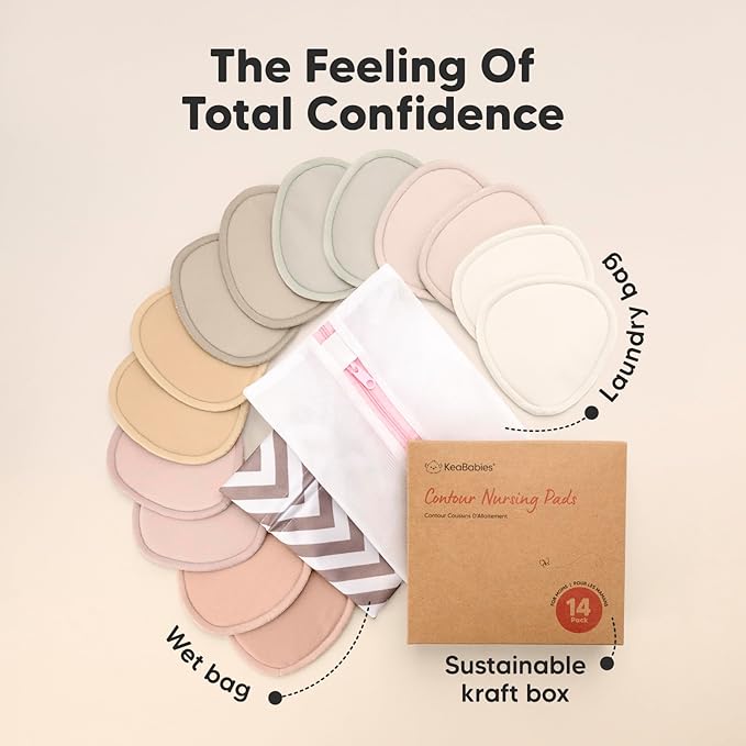 14-Pack Organic Nursing Pads - Washable Breast Pads for Breastfeeding, Nursing Bra Nipple Pads for Breastfeeding, Pumping Bra Reusable Breast Pads, Maternity Breastfeeding Bra Pads (Neutrals, L 4.8")-BubblyBeeBaby