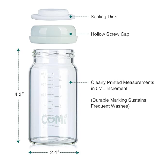 COMI Wide Neck Glass Breastmilk Collection n Storage Bottle, 6oz with Screw Ring Sealing Disk; Re-markable Sealing Disc. BPA Free, Fits Breast Pumps & Nipples (Gray Lids)-BubblyBeeBaby
