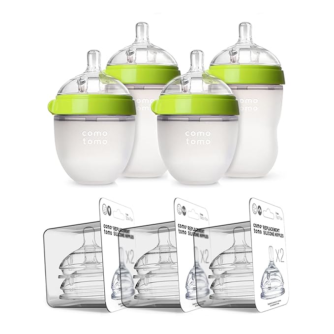 Comotomo Baby Bottle Bundle, Green, (7 Piece Set)-BubblyBeeBaby