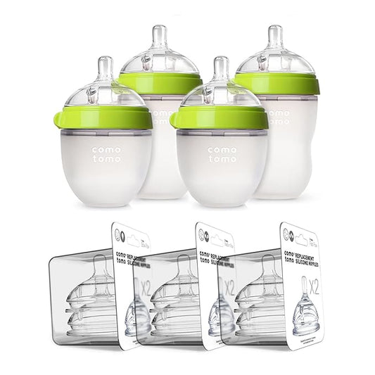 Comotomo Baby Bottle Bundle, Green, (7 Piece Set)-BubblyBeeBaby