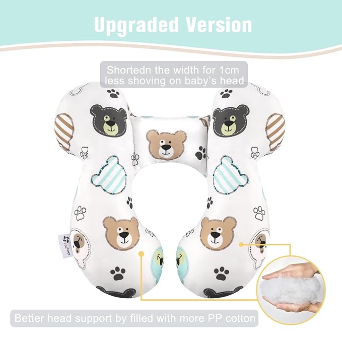vocheer Baby Travel Pillow(Upgraded), Head and Neck Support Pillow for Pushchair, Car Seat,Stroller, Bouncer, Cotton(Bear)-BubblyBeeBaby