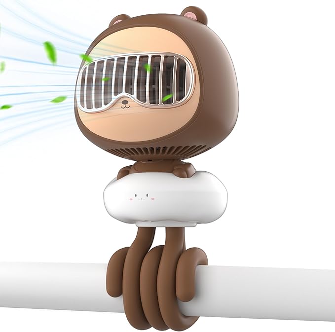 Cute Bear Stroller Fan Clip On for Baby, Portable Bladeless Fans 4 Speeds Oscillating, 4000mAh Rechargeable Battery Powered, Flexible Tripod Strong Cooling for Bedside Crib Car Seat-BubblyBeeBaby