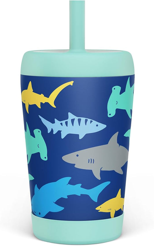 Kid Insulated Stainless Steel Tumbler with Silicone Straw, 12oz Sippy Cup for Kids (Sharks)-BubblyBeeBaby