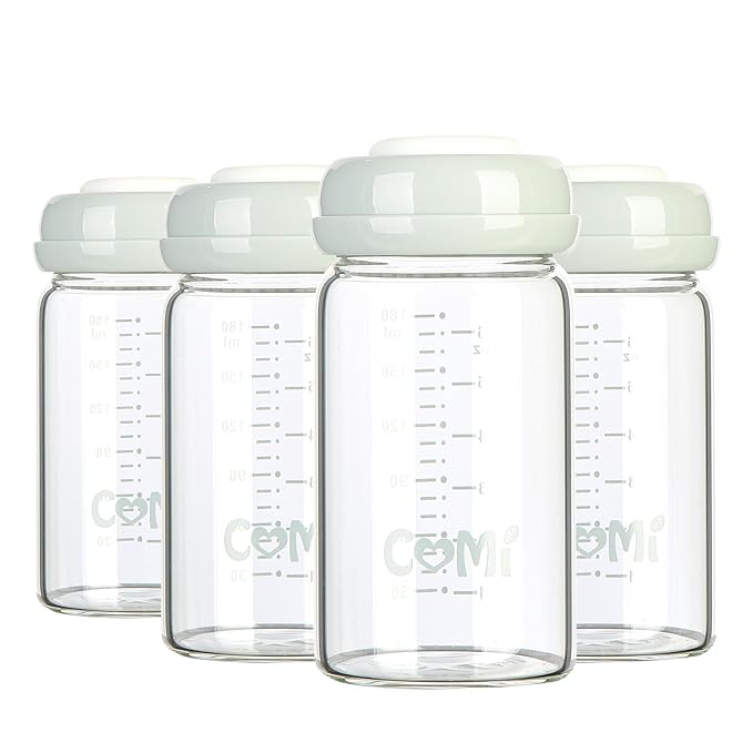 COMI Wide Neck Glass Breastmilk Collection n Storage Bottle, 4 Packs, 6oz with Screw Ring Sealing Disk; Re-markable Sealing Disc. BPA Free, Fits Breast Pumps & Nipples (4 Gray Lids)-BubblyBeeBaby