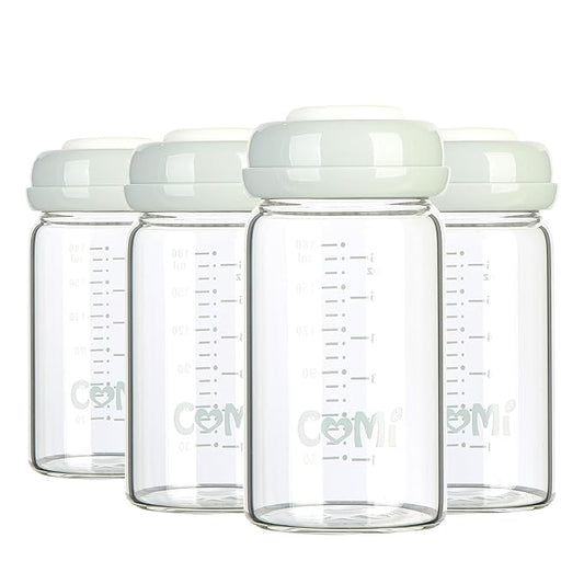 COMI Wide Neck Glass Breastmilk Collection n Storage Bottle, 4 Packs, 6oz with Screw Ring Sealing Disk; Re-markable Sealing Disc. BPA Free, Fits Breast Pumps & Nipples (4 Gray Lids)-BubblyBeeBaby