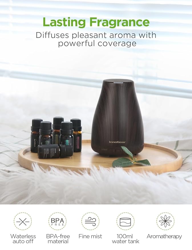 InnoGear Essential Oil Diffuser with Oils, 100ml Aromatherapy Diffuser with 6 Essential Oils Set, Aroma Cool Mist Humidifier Gift Set, Dark Wood Grain-BubblyBeeBaby