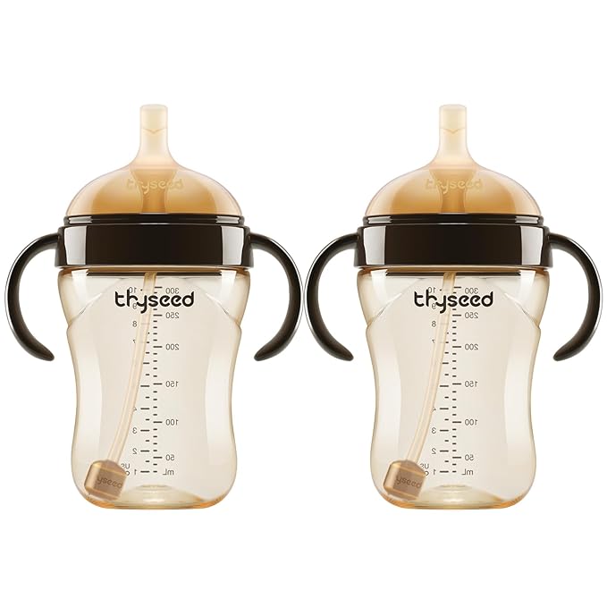 PPSU Weighted Straw Cup with Handles Toddlers Transition Bottles to Sippy Cups No Spill Learner Milk Water Baby Bottle Soft Silicone Spout Dishwasher Safe BPA Free 6+ Months 10oz/300mL 2 Pack-BubblyBeeBaby