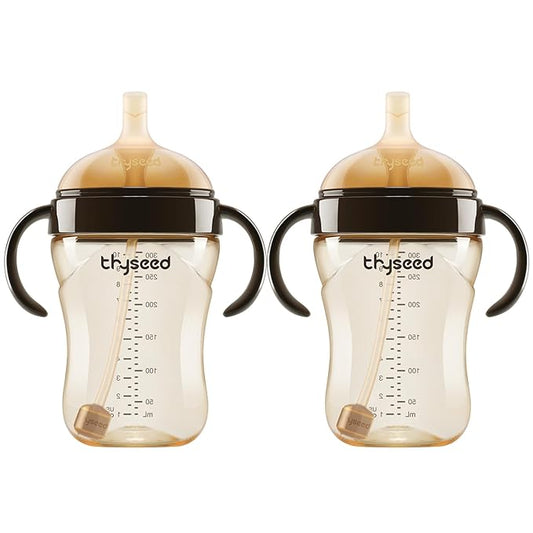 PPSU Weighted Straw Cup with Handles Toddlers Transition Bottles to Sippy Cups No Spill Learner Milk Water Baby Bottle Soft Silicone Spout Dishwasher Safe BPA Free 6+ Months 10oz/300mL 2 Pack-BubblyBeeBaby