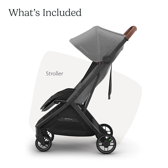 UPPAbaby Minu V3 Travel Stroller | Lightweight + Compact Design | One-Hand Fold + Unfold | from Birth + Overhead Compatible | Greyson (Charcoal Mélange/Carbon Frame/Saddle Leather)-BubblyBeeBaby