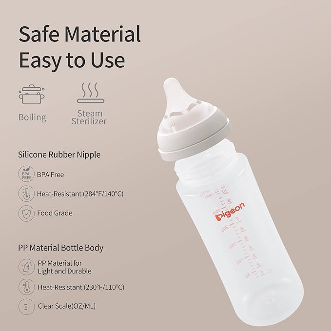 Pigeon PP Nursing Bottle Wide Neck, Anti-Colic, Streamlined Body, Natural Feel, Easy to Clean, 11.2 Oz (Pack of 3), Includes 3pcs L Nipples (6m+)-BubblyBeeBaby