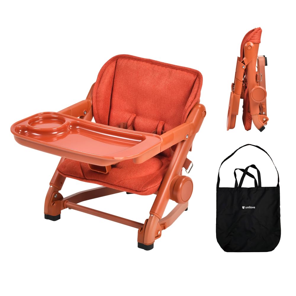 Feed Me 3-in-1 Travel High Chair Booster Seat for Infants and Toddlers - Transitional, Compact & Fits Any Chair, Swivel Tray, Pumpkin Orange
