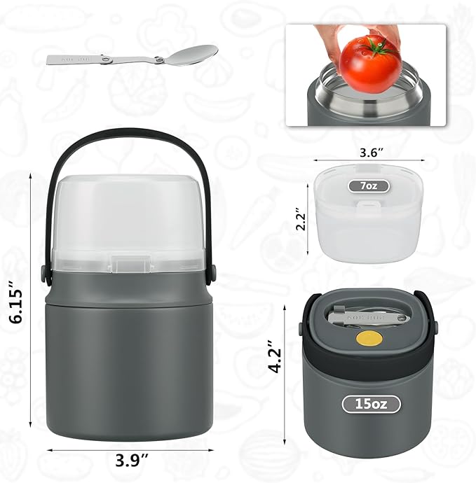 2 - in - 1 Soup Thermo for Hot Food 14oz with Snack Box Container Leak Proof Insulated Lunch Container Kids and Adults Stainless Steel Double Wall Vacuum Wide-mouth Thermal with Spoon and Handle-BubblyBeeBaby