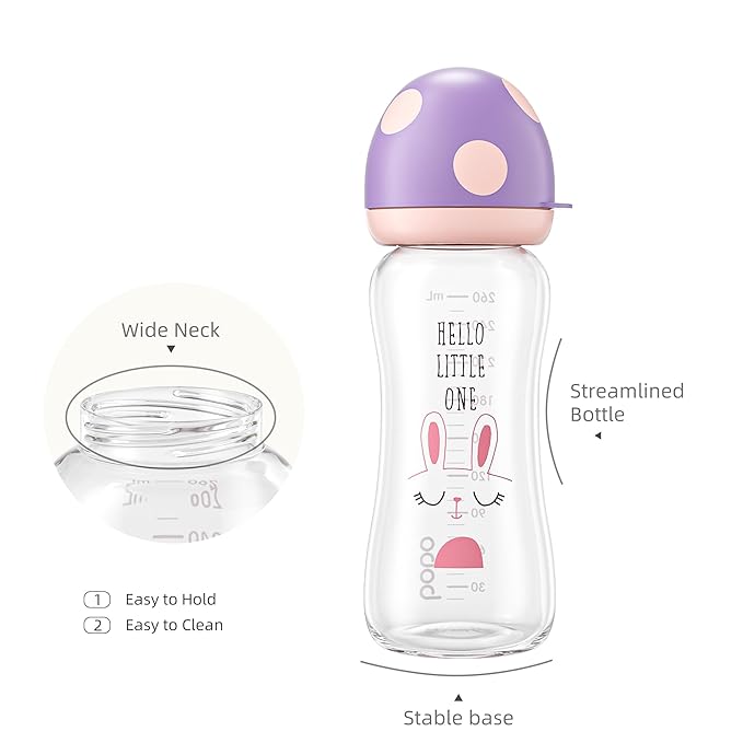 YOHKOH Natural Glass Baby Bottle with Natural Response Nipple, Newborn Anti-Colic Baby Bottles, Wide Neck Mushroom Cap Baby Bottle, Clear ((8.8oz (Pack of 2), Purple)-BubblyBeeBaby