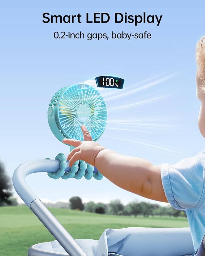 SWEETFULL Portable Stroller Fan with Display 4000mAh Battery Powered Mini Clip On Fan, 4-Speed Rechargeable Small Personal Cooling for Baby Car Seat Crib Travel - Cyan-BubblyBeeBaby