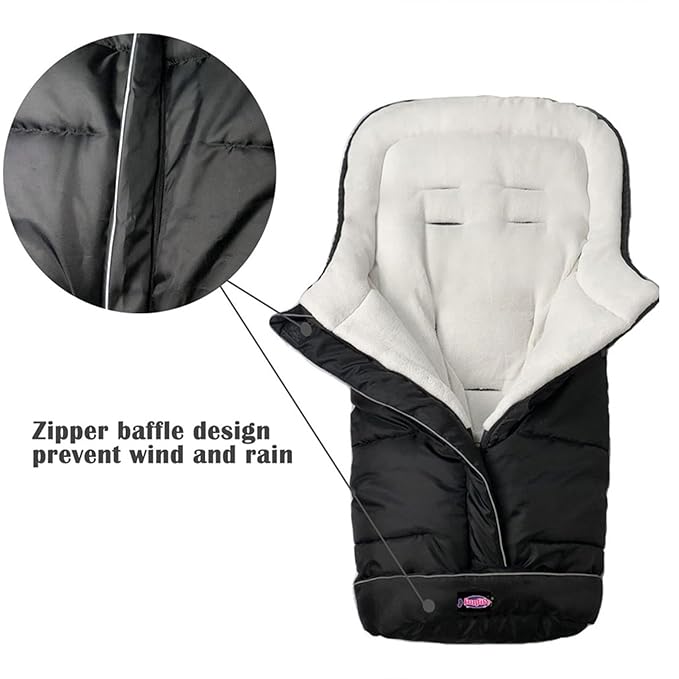Weather Proof Oudtoor Walking Universal Stroller Bunting Bag with Reflective Strips,Multi-Zippers,Central and Feet Area Opens,Easy for Baby in&Out&Temperature Regulation Footmuff for Stroller,Black-BubblyBeeBaby