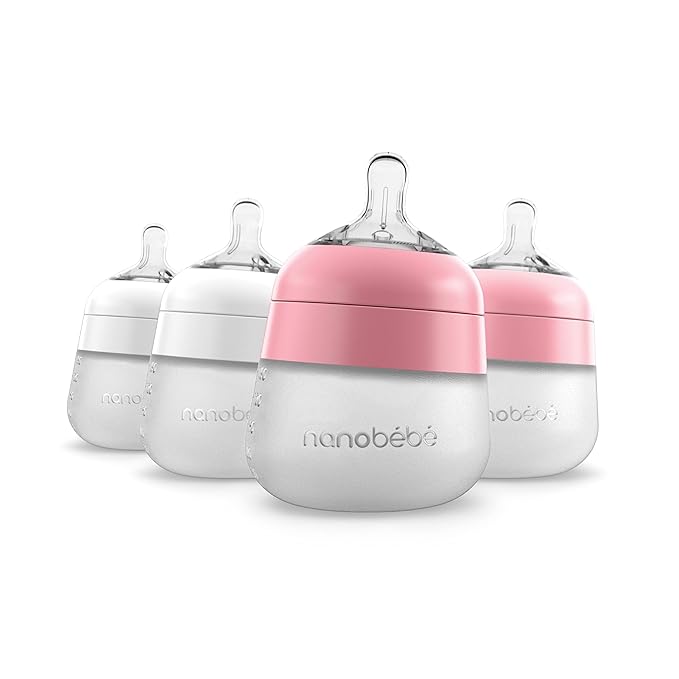 Nanobebe Flexy Silicone Baby Bottle, Anti-Colic, Natural Feel, Non-Collapsing Nipple, Non-Tip Stable Base, Easy to Clean 4-Pack, Pink/White, 5 oz-BubblyBeeBaby