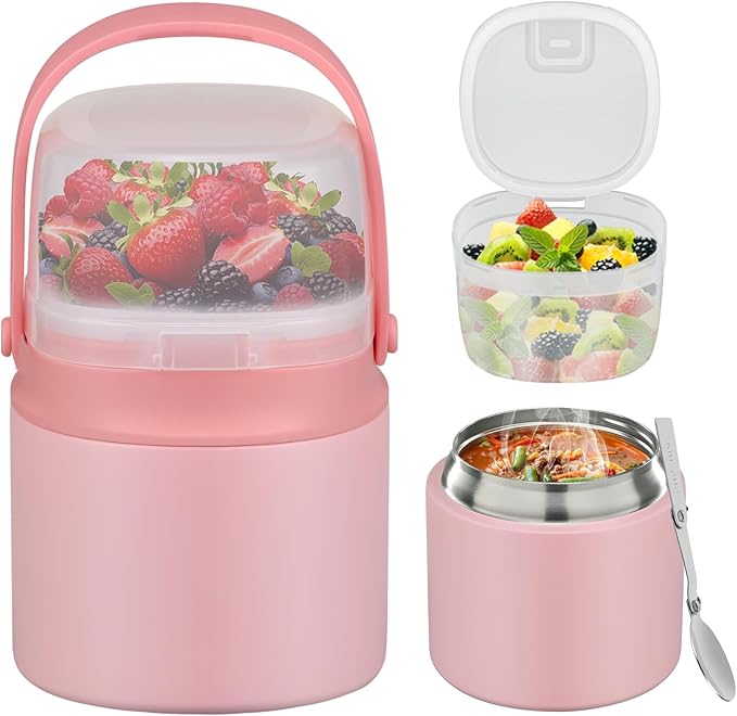 2 - in - 1 Soup Thermo for Hot Food 14oz with Snack Box Container Leak Proof Insulated Lunch Container Kids and Adults Stainless Steel Double Wall Vacuum Wide-mouth Thermal with Spoon and Handle-BubblyBeeBaby