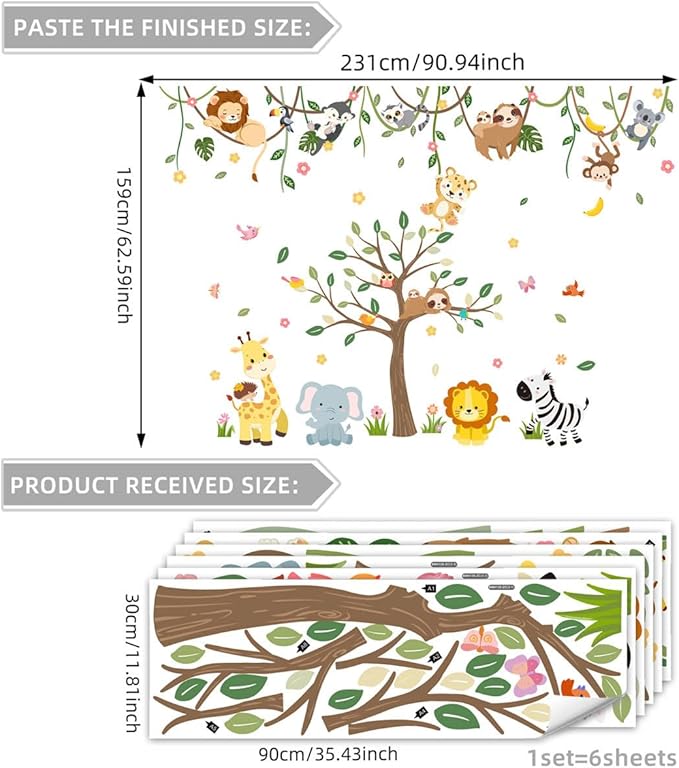 iMagitek Large Jungle Animals Tree Wall Decals Safari Animals Climbing Trees Wall Stickers Elephant Giraffe Lion Sloth Wall Stickers for Baby Nursery Kids Room Playroom Classroom 90.94" x 62.59"-BubblyBeeBaby