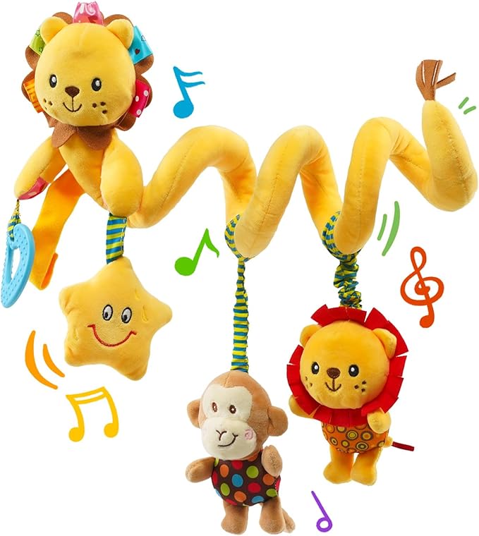 Jollybaby Crib Stroller Car Seat Toys for Baby 0-3-6-9-12 Months, Tummy Time Hanging Sensory Toys for Newborn with Music Box and Teether, Spiral Carseat Toy for Infant Boys Girls Gifts (Little Lion)-BubblyBeeBaby
