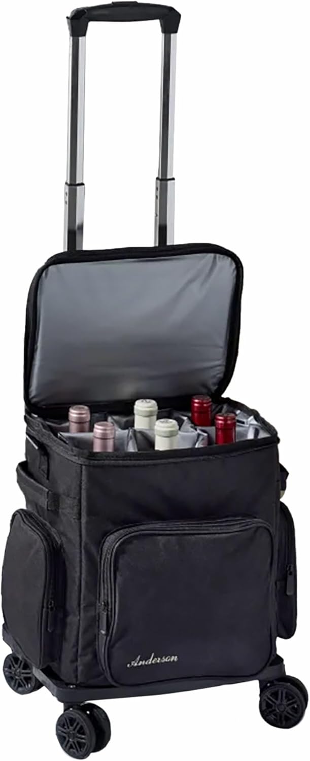 Wine Enthusiast 6 Bottle Insulated Wine Bag with Rolling Cart - Waterproof Oxford Cloth Wine Travel Tote with Shoulder Strap, USB Port, Pockets - Folding Trolley for Wine Transport - Fridge Bag