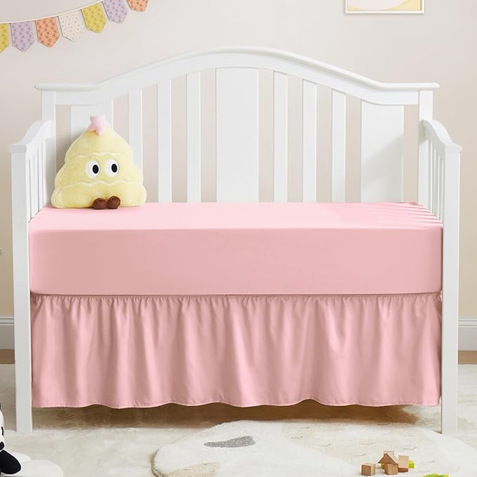 Horbaunal 2 Pack Set Crib Skirt & Crib Bed Sheet, Pink Crib Bed Skirt 28" x 52" with 14" Drop Dust Ruffle, Soft Microfiber Toddler Bedskirt Nursery Bedding Skirt for Baby Girls and Boys-BubblyBeeBaby