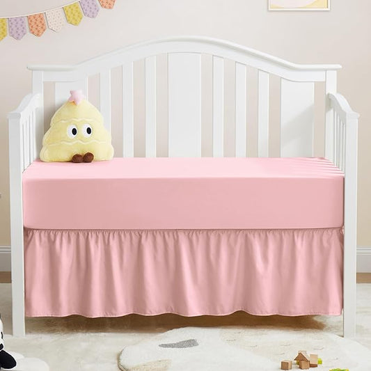 Horbaunal 2 Pack Set Crib Skirt & Crib Bed Sheet, Pink Crib Bed Skirt 28" x 52" with 14" Drop Dust Ruffle, Soft Microfiber Toddler Bedskirt Nursery Bedding Skirt for Baby Girls and Boys-BubblyBeeBaby