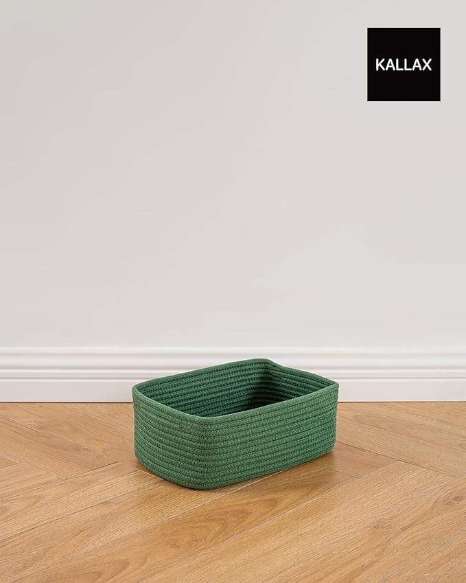 KALLAX Small Woven Basket, 12 x 8 x 4.5 Inches, Storage Basket for Organizing, Cute Small Rope Shelf Closet Cube Storage Bins Baskets for Shelves, Dog Toy Gift Baskets Empty, 3 Packs, Green-BubblyBeeBaby