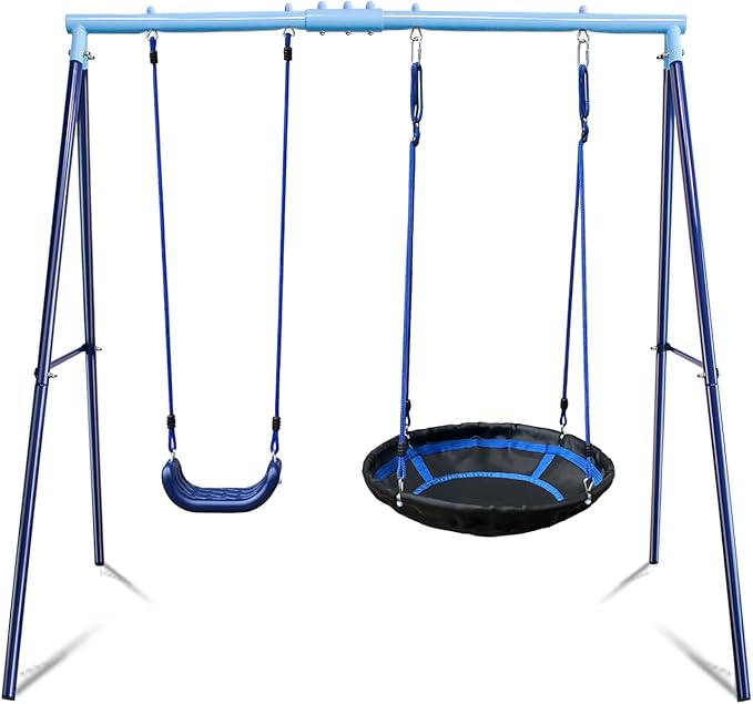 2 Seat Swing Set for Backyard - Metal A-Frame Holds 440 lbs, 1 Adjustable Saucer Swing and 1 u-Shape Swing - Suitable for Kids 3-8 Years-BubblyBeeBaby