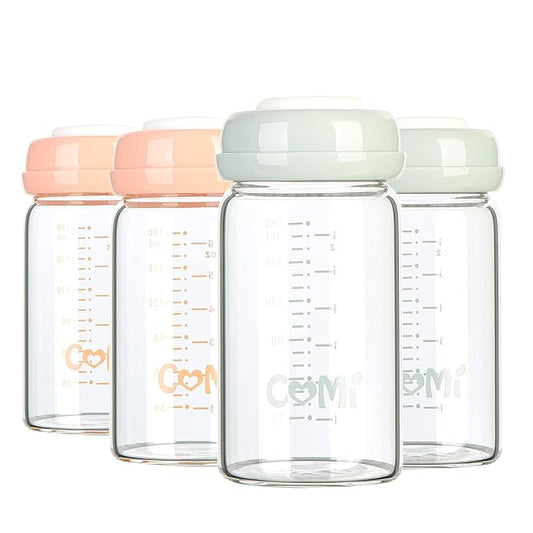 COMI Wide Neck Glass Breastmilk Collection n Storage Bottle, 4 Packs, 6oz with Screw Ring Sealing Disk; Re-markable Sealing Disc. BPA Free, Fits Breast Pumps & Nipples (2 Gray Lids + 2 Pink Lids)-BubblyBeeBaby