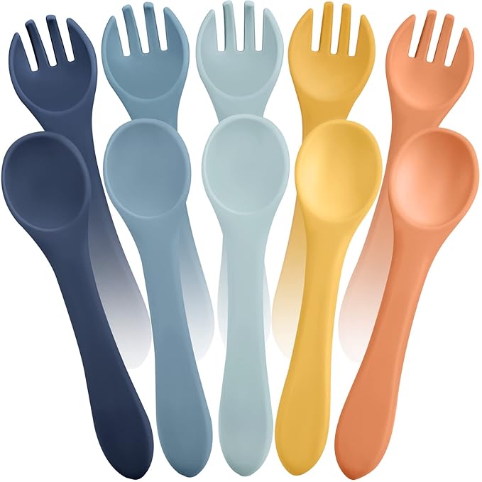10 Pieces Baby Led Weaning Spoons and Forks Set Infant Silicone Spoon First Self Feed Baby training Utensils for Toddler First Stage Feeding Supplies for Kids Over 6 Months, 5 Pairs (Bright Colors)-BubblyBeeBaby