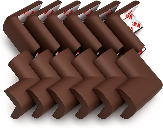 12-Pack Corner Protectors Baby Proof, Furniture Corner and Edge Safety Bumpers, Soft Rubber Foam Cushion Covers, 3M Taped Corner Guards, Baby Child Proofing Pads, Table Corner Protectors, Brown-BubblyBeeBaby