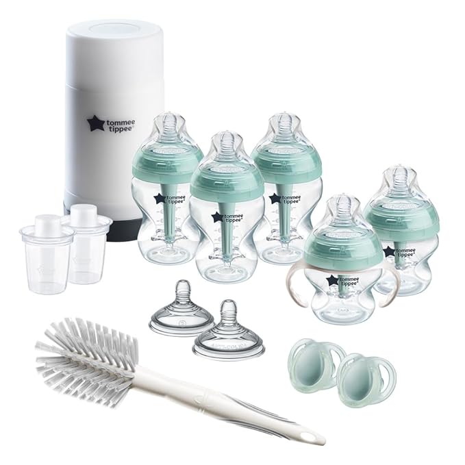 Tommee Tippee Advanced Anti-Colic Ready for Baby Bottle Set, 5oz and 9oz Self-Sterilizing Bottles, Slow and Medium Flow Nipples, 0-6 Month Pacifiers, Travel Bottle Warmer, Removable Bottle Handles-BubblyBeeBaby