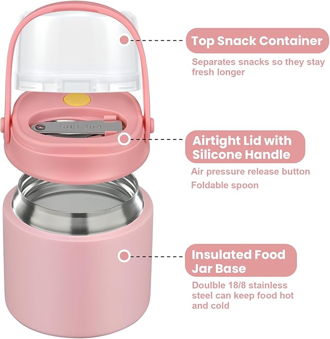 2-in-1 Insulated Food Jar & Snack Container - 15oz Kids Soup Thermos for Hot Food with Handle and Spoon, Leak Proof Reusable Toddler Snack Box, Perfect for School & Travel, Pink-BubblyBeeBaby