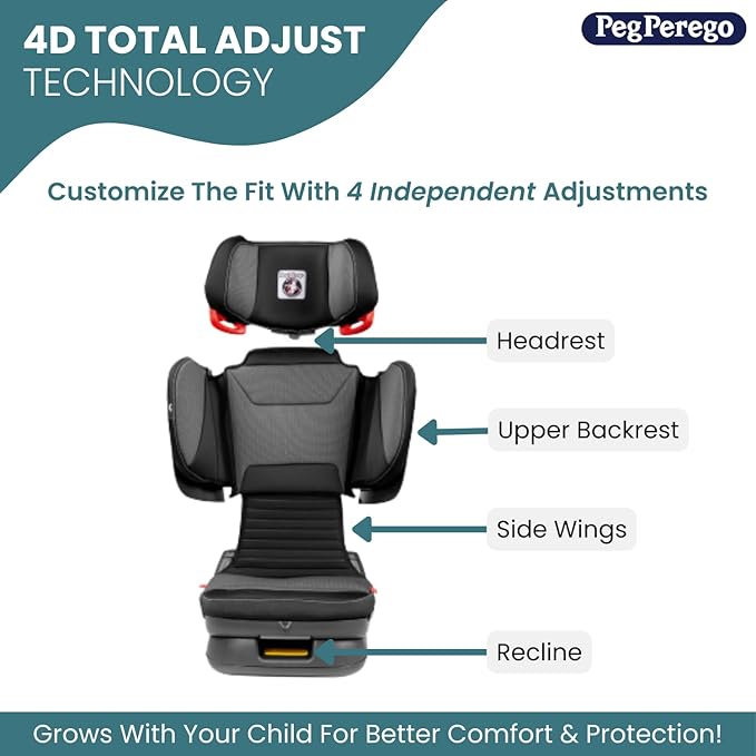 Peg Perego Viaggio Flex 120 Booster, 4D Total Adjust for Safety & Comfort, No Armrests, Compact Fold for Travel, 40-120 lbs, Made in Italy, Monza (Black & Red)-BubblyBeeBaby