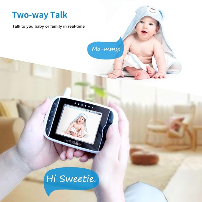 HelloBaby Video Baby Monitor with 2 Cameras and Audio. Baby Monitor with Remote Pan/Tilt/Zoom, VOX Mode, Night Vision, 2-Way Talk, 8 Lullabies-BubblyBeeBaby