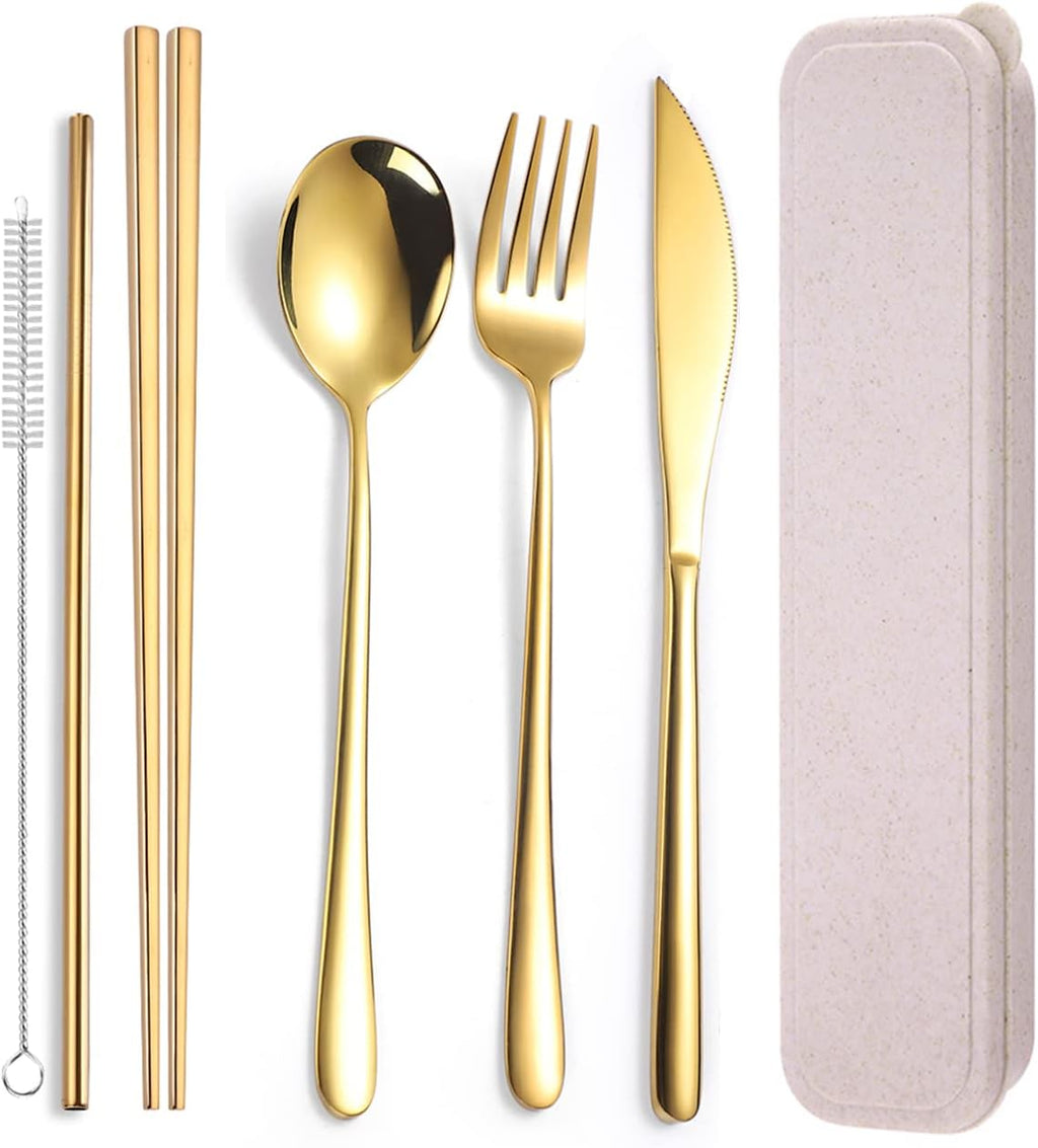 AARAINBOW 6 Pieces 18/8 Stainless Steel Flatware Set Portable Reusable Cutlery Set Travel Utensils Set Including Chopsticks Knife Fork Spoon Straws Cleaning Brush Dishwasher Safe (Golden)