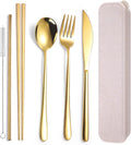 AARAINBOW 6 Pieces 18/8 Stainless Steel Flatware Set Portable Reusable Cutlery Set Travel Utensils Set Including Chopsticks Knife Fork Spoon Straws Cleaning Brush Dishwasher Safe (Golden)