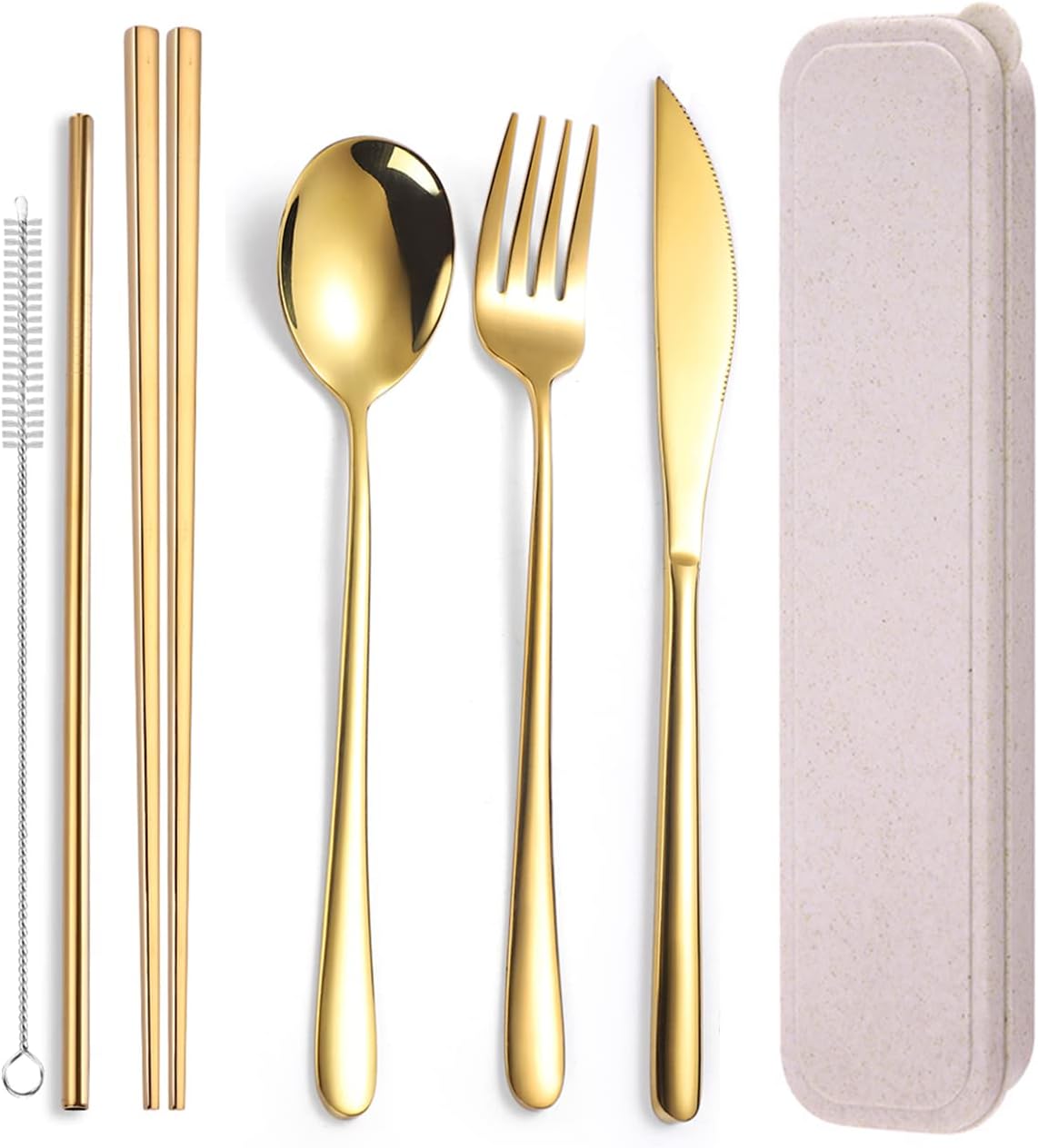 AARAINBOW 6 Pieces 18/8 Stainless Steel Flatware Set Portable Reusable Cutlery Set Travel Utensils Set Including Chopsticks Knife Fork Spoon Straws Cleaning Brush Dishwasher Safe (Golden)