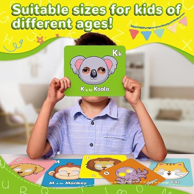 2025 New Alphabet ABC Flash Cards with Animal Masks, 26 Pcs Animal mask Alphabet Cards, Interactive Education Games, Learn Letters, English Phrases-BubblyBeeBaby