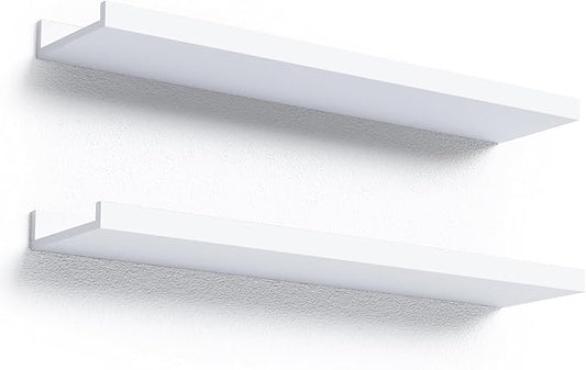 23.6 Inches Long Floating Shelves Wall Mounted, 2 Set Modern White Wall Shelf for Bedroom, Nursery Book Shelf with Lip, Picture Ledge Shelf for Wall Decor Living Room Bathroom Kitchen- White-BubblyBeeBaby