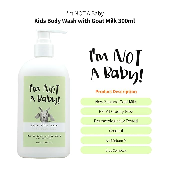I'm NOT A Baby! Kids Body Wash– Dermatologist Tested, Allergen free, Cruelty-free, PETA, Gentle for Kids, Goat Milk, 10 Fl Oz-BubblyBeeBaby