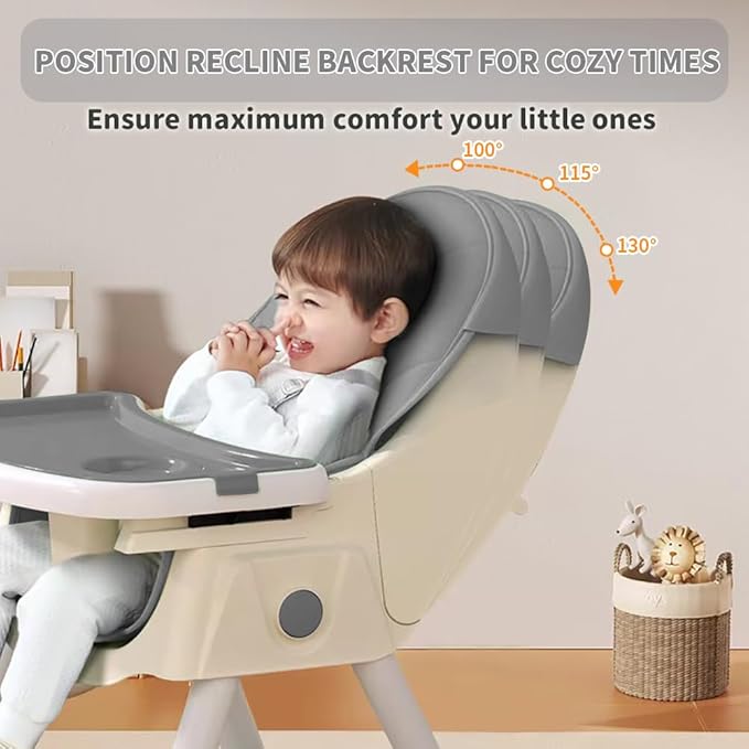 High Chairs for Babies and Toddlers, 4 in 1 Convertible Baby High Chair, Portable High Chair for Travel with Adjustable Height and Back, Foldable HighChair with Wheels& Pu Cushion (Grey)-BubblyBeeBaby