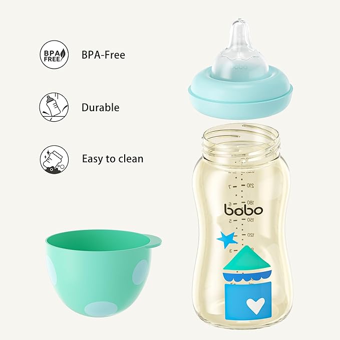 YOHKOH PPSU Baby Bottle Wide Neck, Newborn Anti-Colic Baby Bottle with Natural Response Nipple, Streamlined Body, Easy to Clean (8.8oz (Pack of 4), Blue)-BubblyBeeBaby