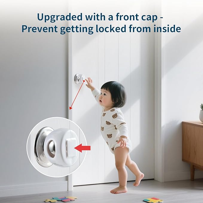 Inaya Door Knob Safety Cover for Kids (4 Pack) – Child Proof Door Knob Covers for Baby Proofing – Door Locks for Kids Safety, Fits Most Round Handles, Easy to Install, White-BubblyBeeBaby