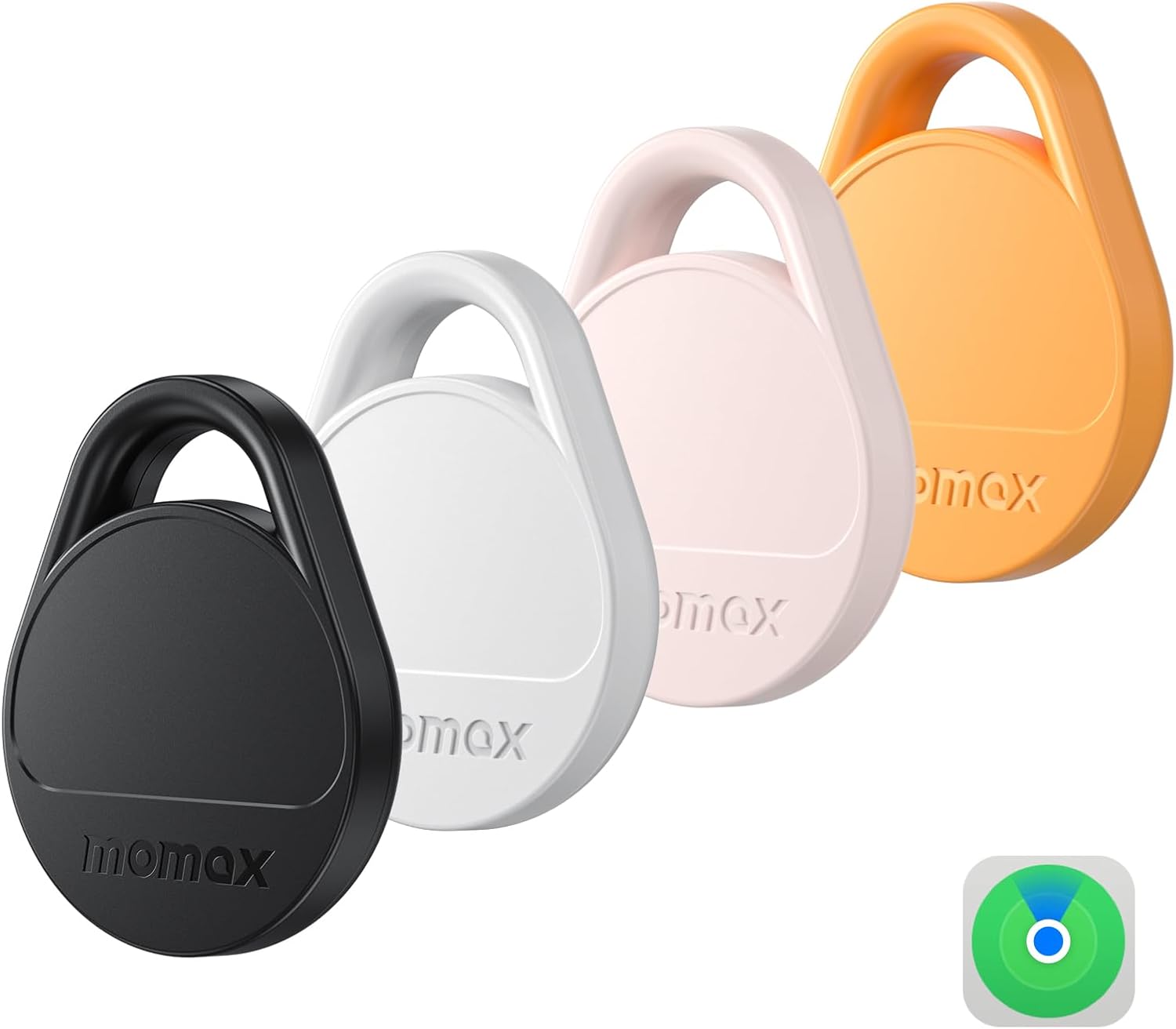 Momax Key Finder Tracker Tag - [Apple MFi Certified] Smart Bluetooth Tracking Device with Find My (iOS Only), Replaceable Battery, DIY Stickers, for Wallets, Luggage, Suitcases, Backpacks, 4 Pack