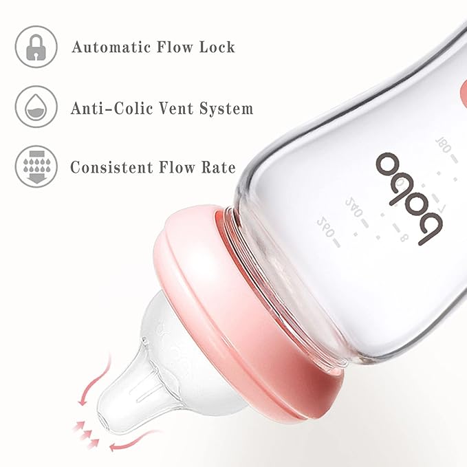 YOHKOH Natural Glass Baby Bottle with Natural Response Nipple, Newborn Anti-Colic Baby Bottles, Wide Neck Mushroom Cap Baby Bottle, Clear (8.8oz (Pack of 4), Multicolour)-BubblyBeeBaby